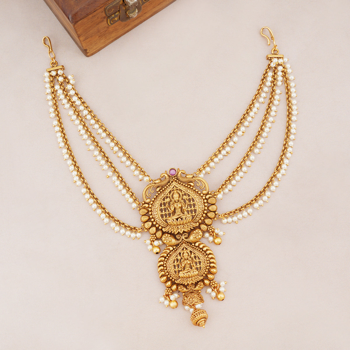 Antique Gold Mahalakshmi Pearl Temple Hair Accessory