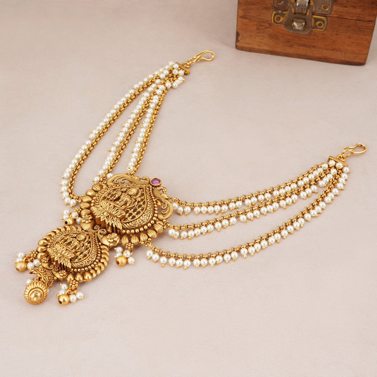 Antique Gold Mahalakshmi Pearl Temple Hair Accessory