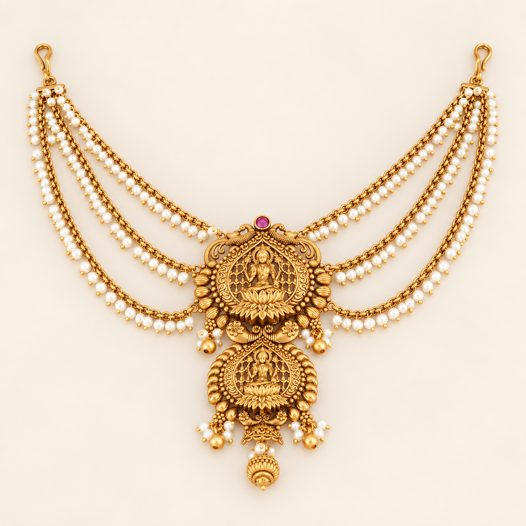 Gold Mahalakshmi Pearl Temple Hair Accessory