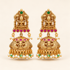 Stunning antique gold Lakshmi Temple Pearl Jhumka Earrings
