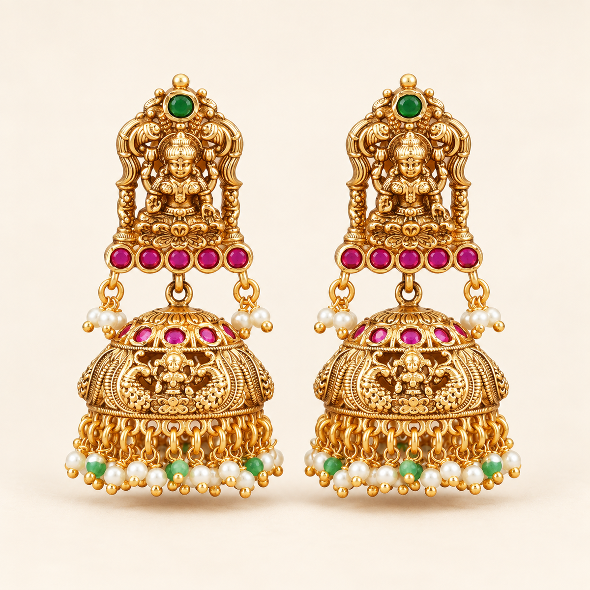 Stunning antique gold Lakshmi Temple Pearl Jhumka Earrings