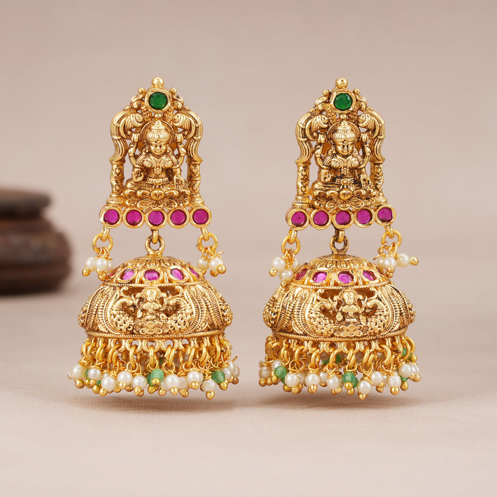 Stunning antique gold Lakshmi Temple Pearl Jhumka Earrings