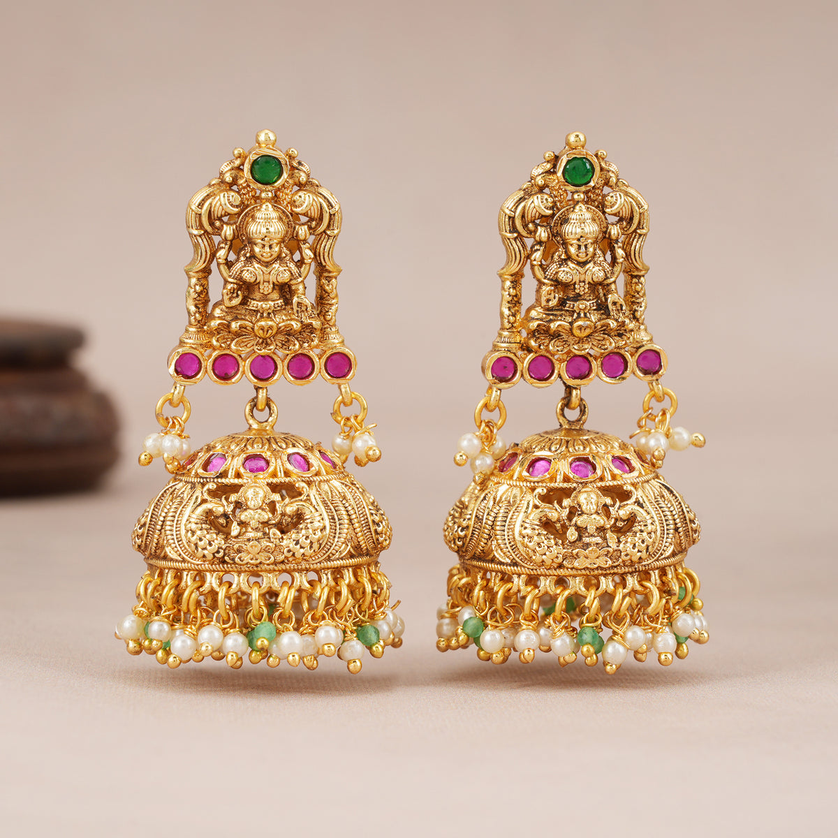 Stunning antique gold Lakshmi Temple Pearl Jhumka Earrings