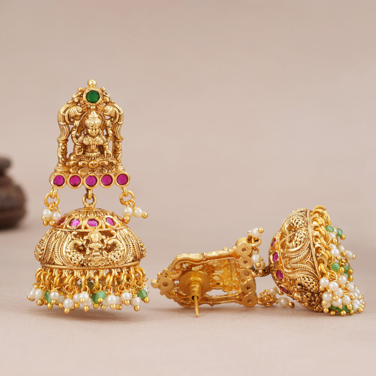 Stunning antique gold Lakshmi Temple Pearl Jhumka Earrings