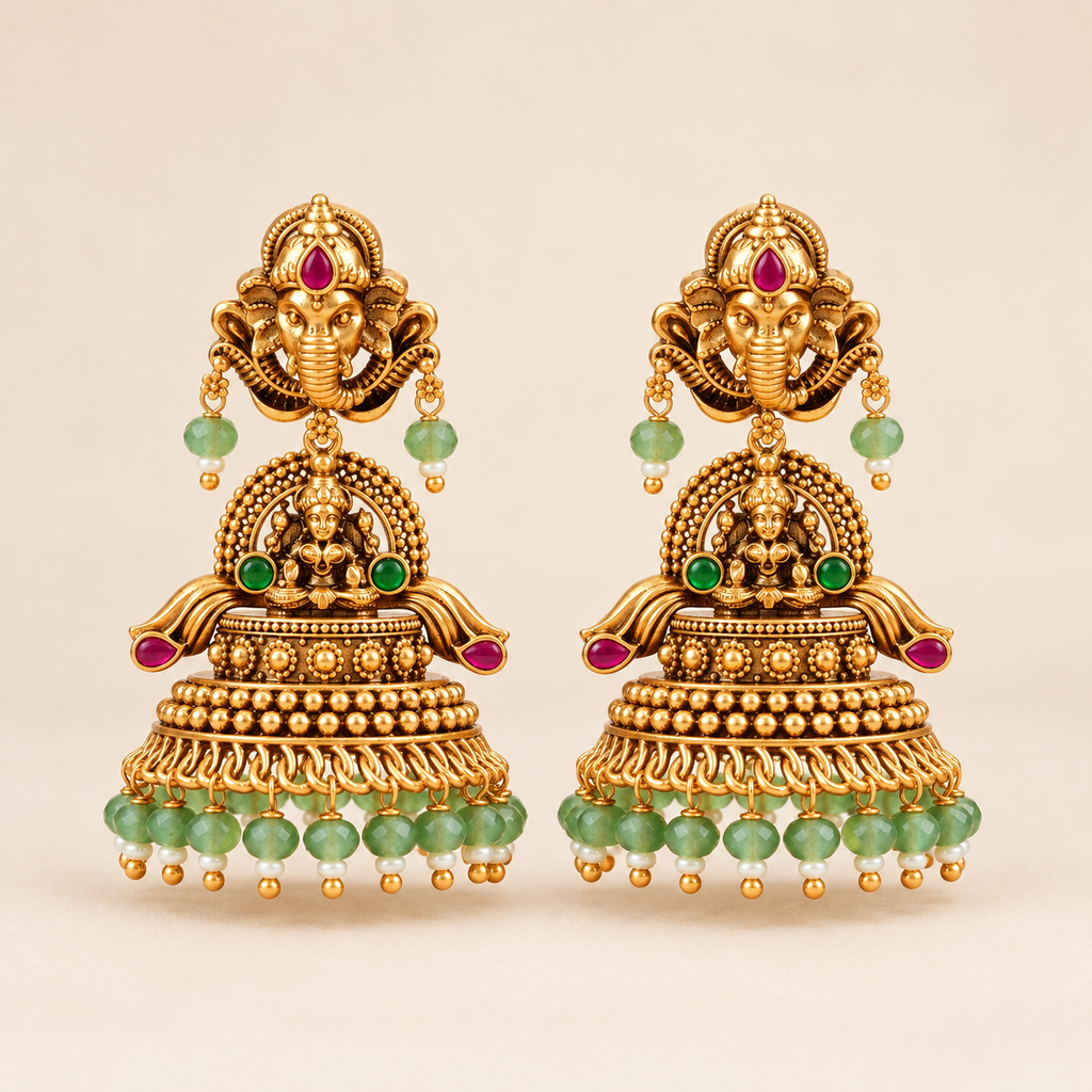 Beautiful antique gold Ganesha Lakshmi Green Bead Temple Jhumka Earrings