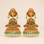 Beautiful antique gold Ganesha Lakshmi Green Bead Temple Jhumka Earrings