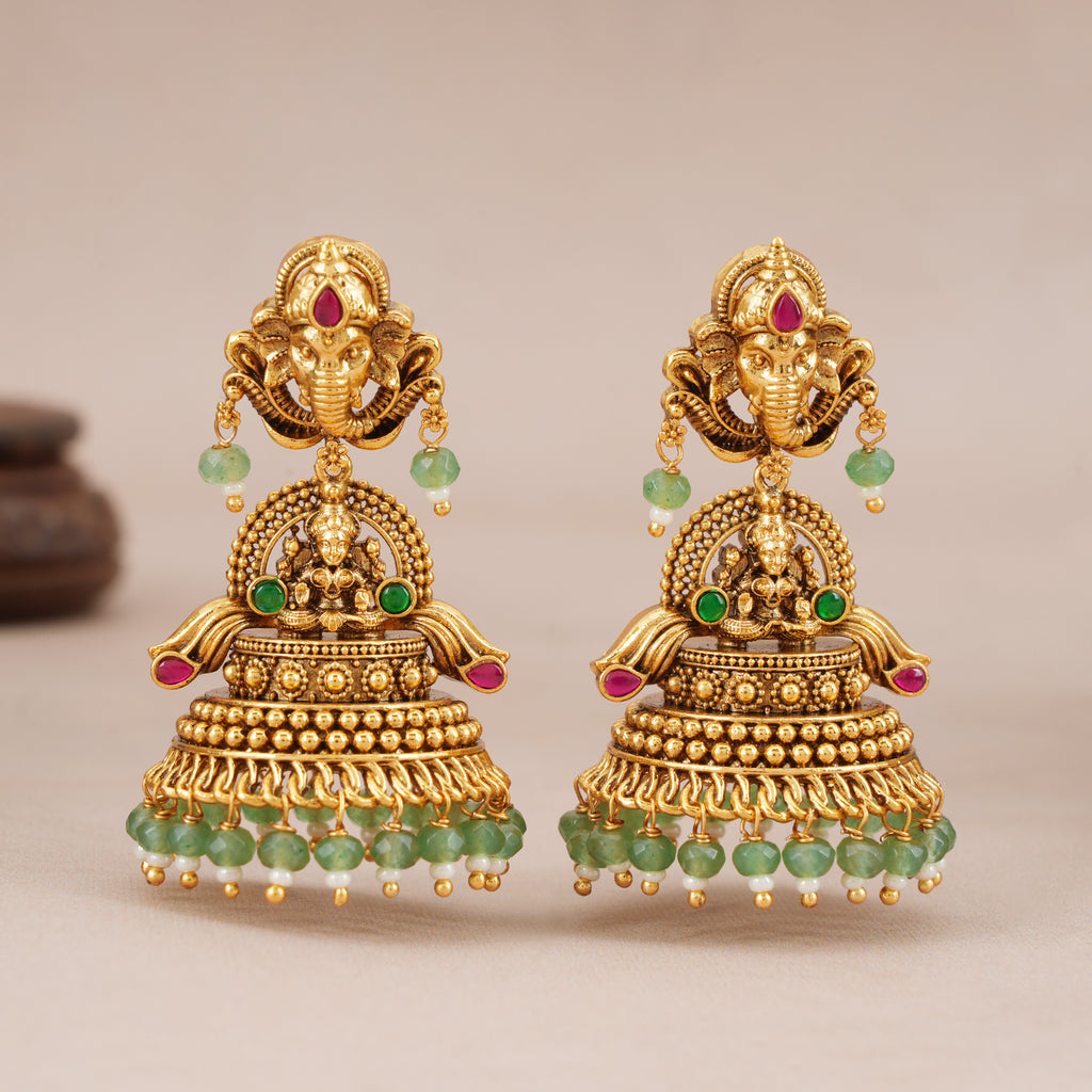 Beautiful antique gold Ganesha Lakshmi Green Bead Temple Jhumka Earrings