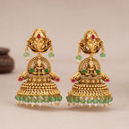 Beautiful antique gold Ganesha Lakshmi Green Bead Temple Jhumka Earrings
