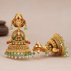Beautiful antique gold Ganesha Lakshmi Green Bead Temple Jhumka Earrings