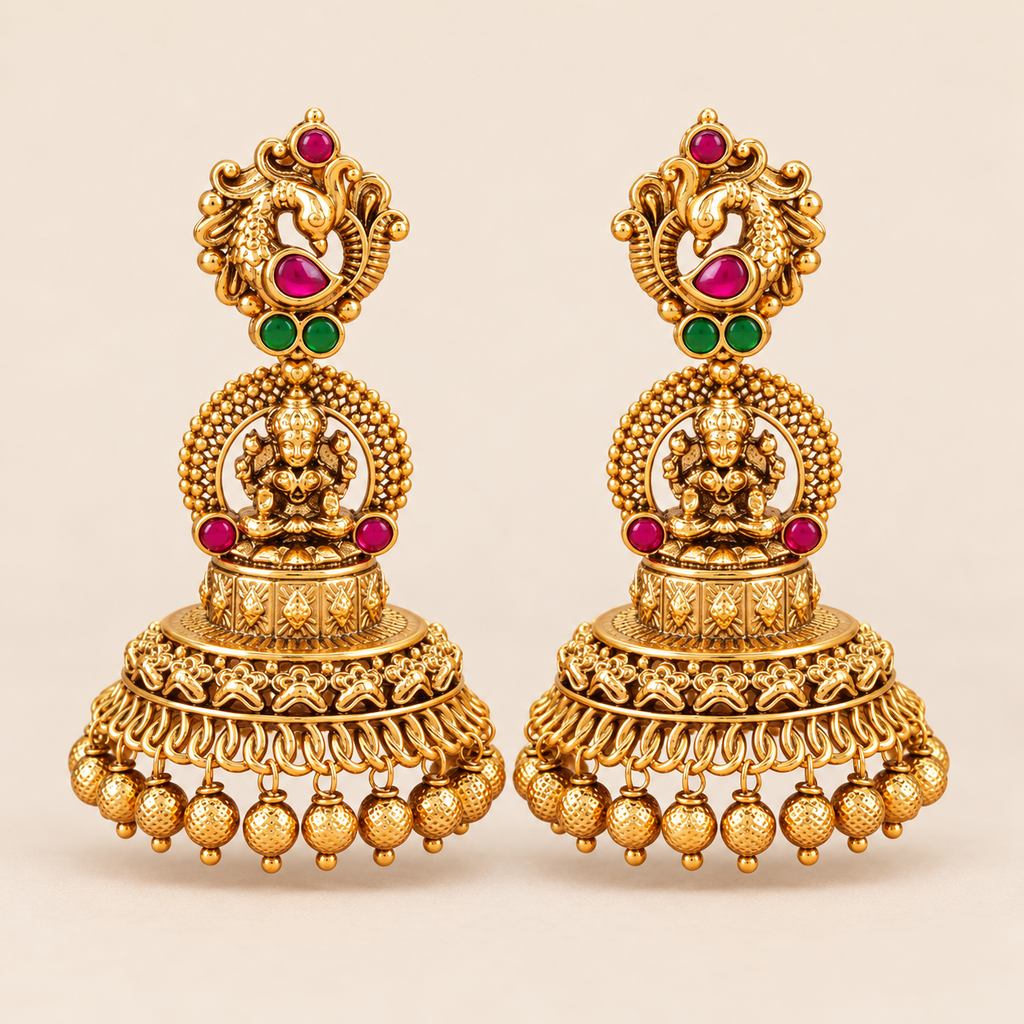 Beautiful antique gold Peacock Lakshmi Temple Jhumka Earrings