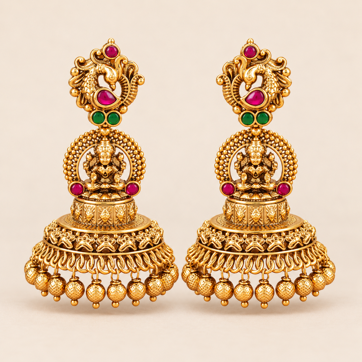 Beautiful antique gold Peacock Lakshmi Temple Jhumka Earrings