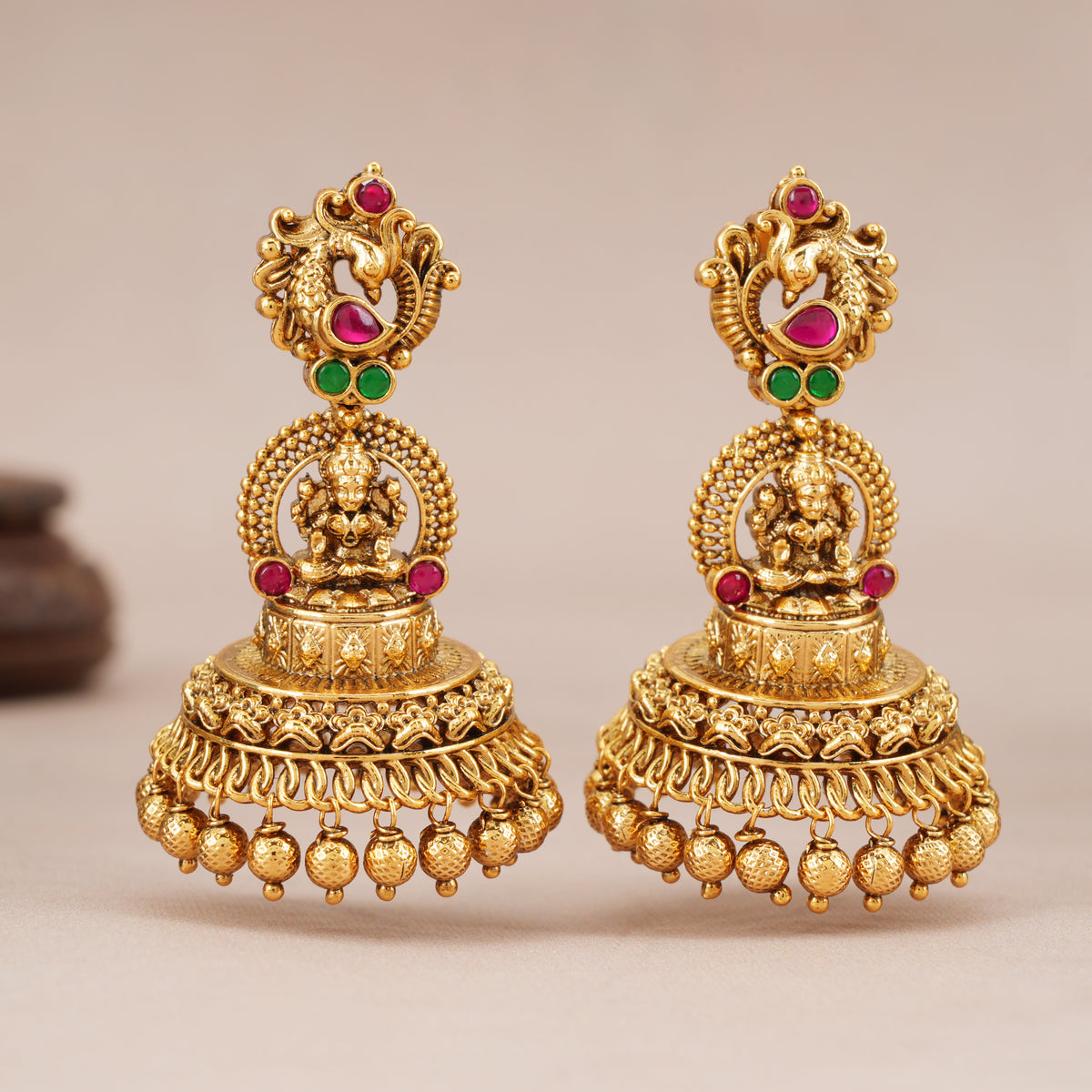 Beautiful antique gold Peacock Lakshmi Temple Jhumka Earrings