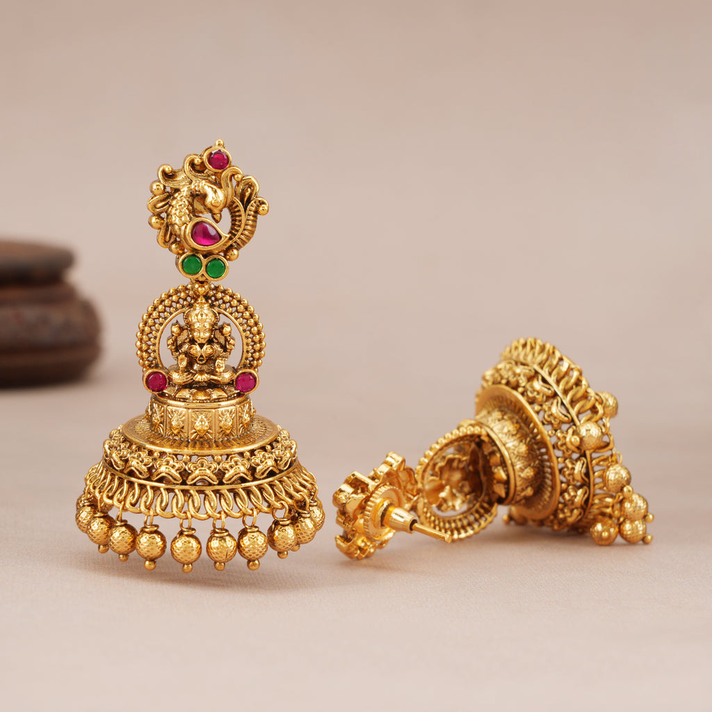 Beautiful antique gold Peacock Lakshmi Temple Jhumka Earrings
