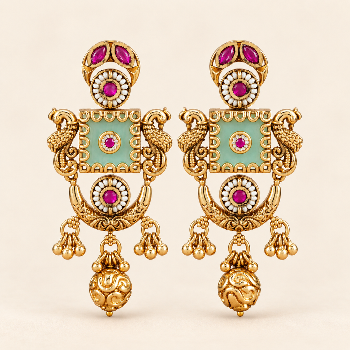 Stunning antique gold Mint Green Peacock Gold Drop Earrings