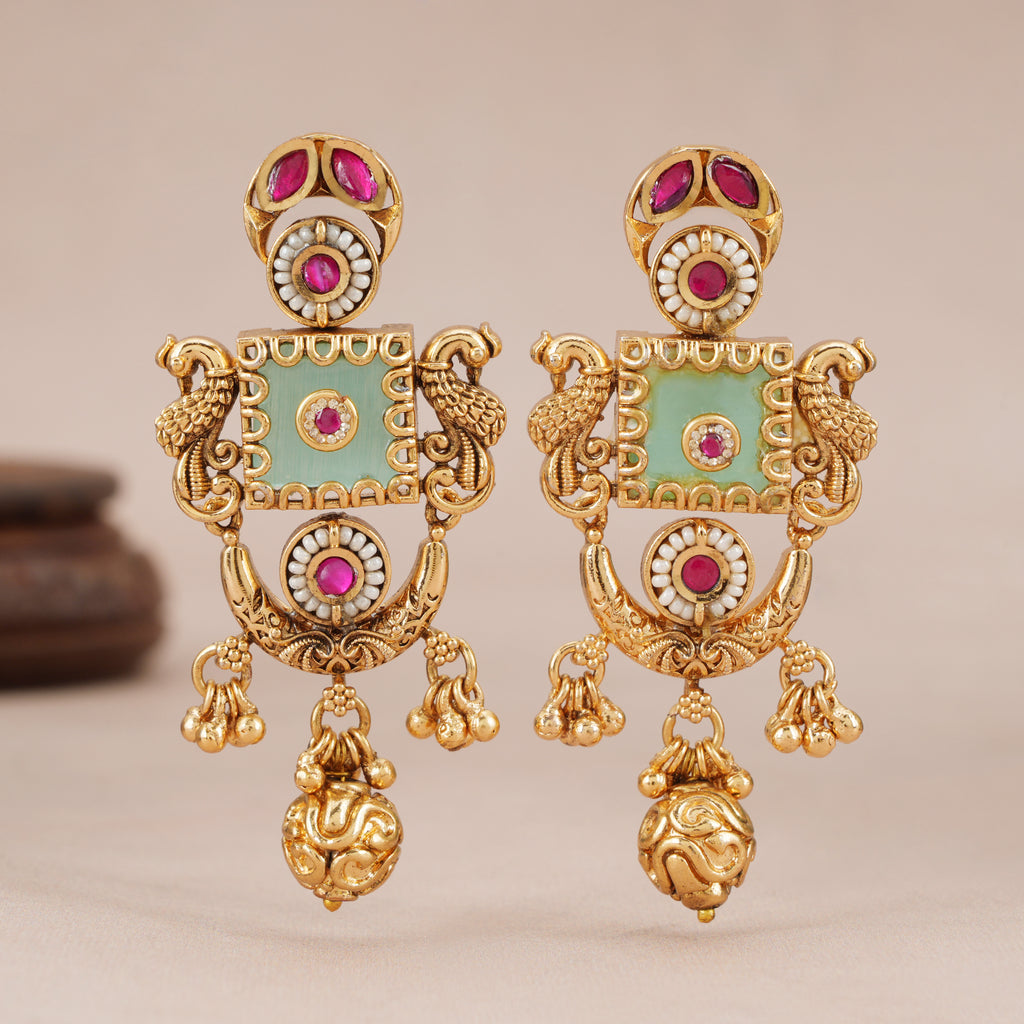 Stunning antique gold Mint Green Peacock Gold Drop Earrings