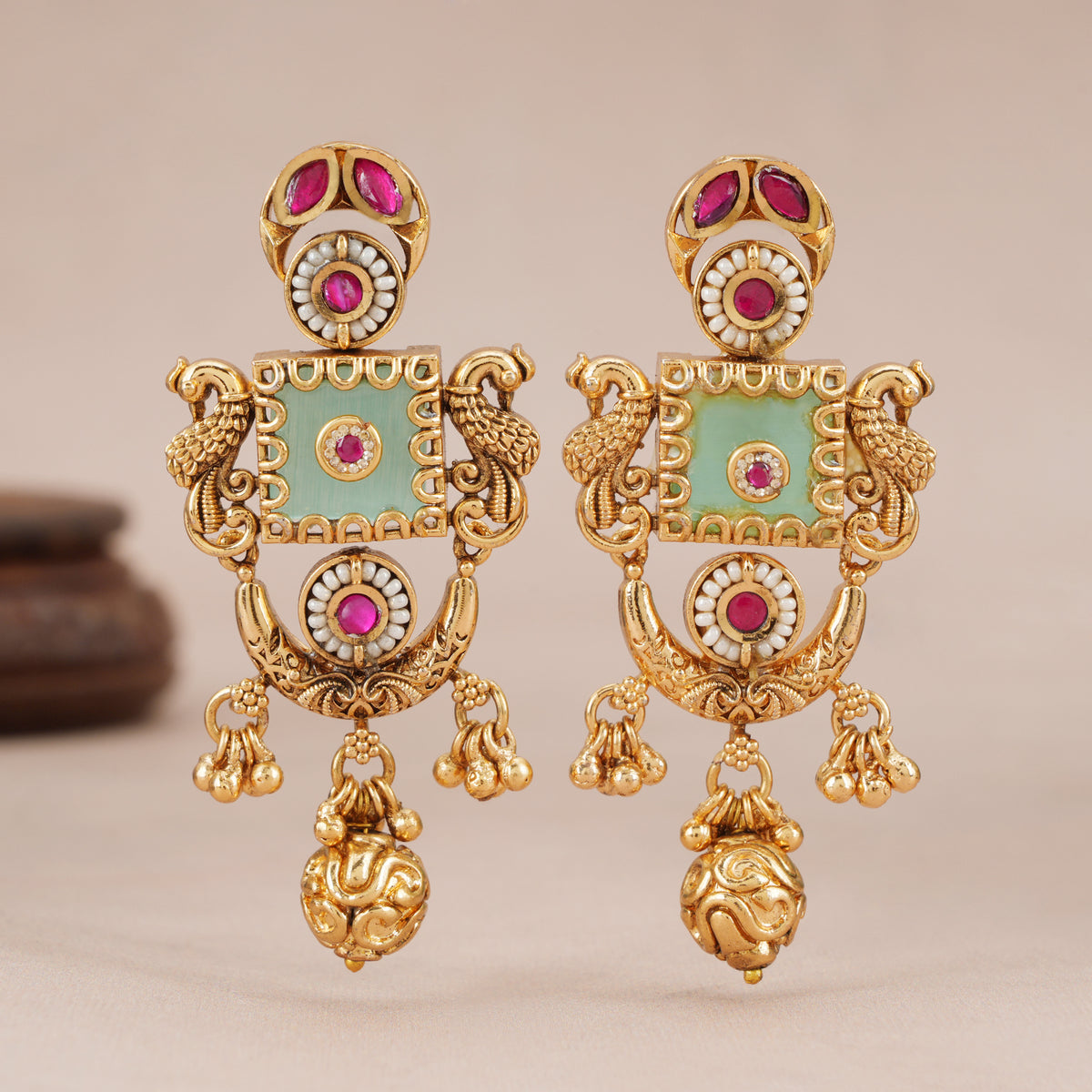 Stunning antique gold Mint Green Peacock Gold Drop Earrings