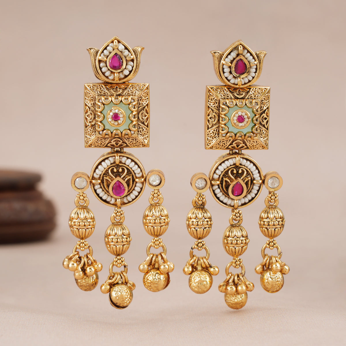 Beautiful gold Mint Green Lotus Gold Drop Earrings