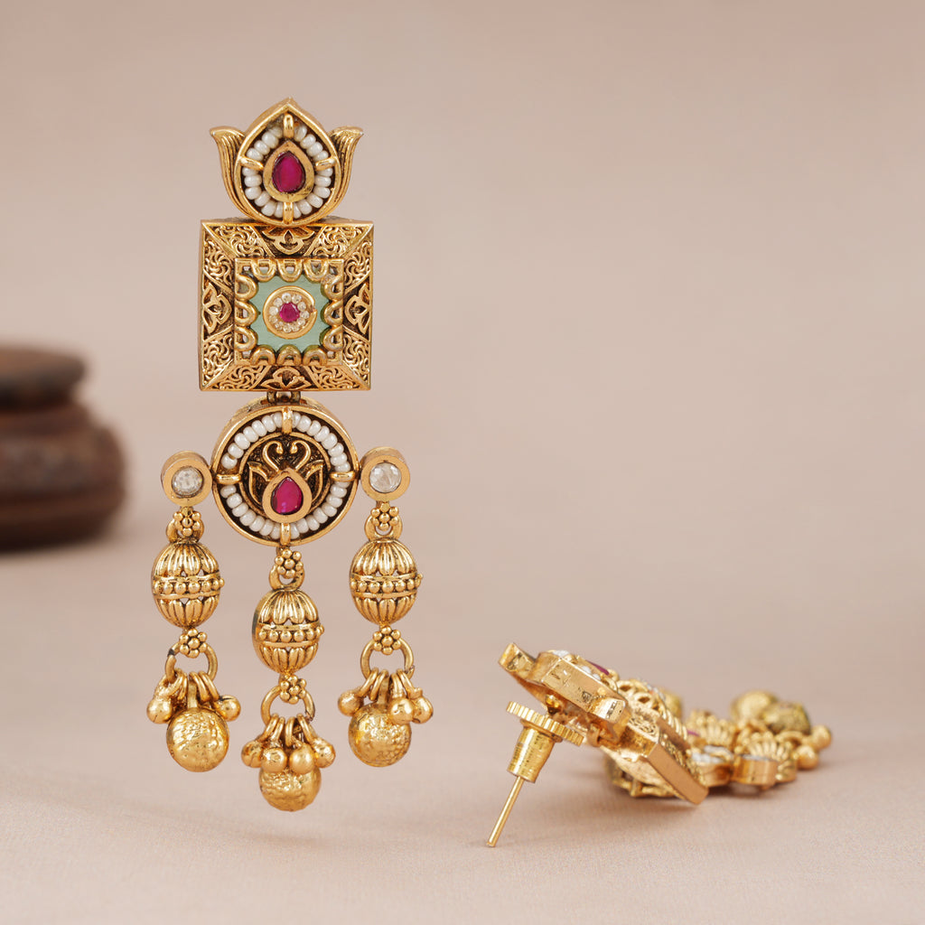 Beautiful gold Mint Green Lotus Gold Drop Earrings