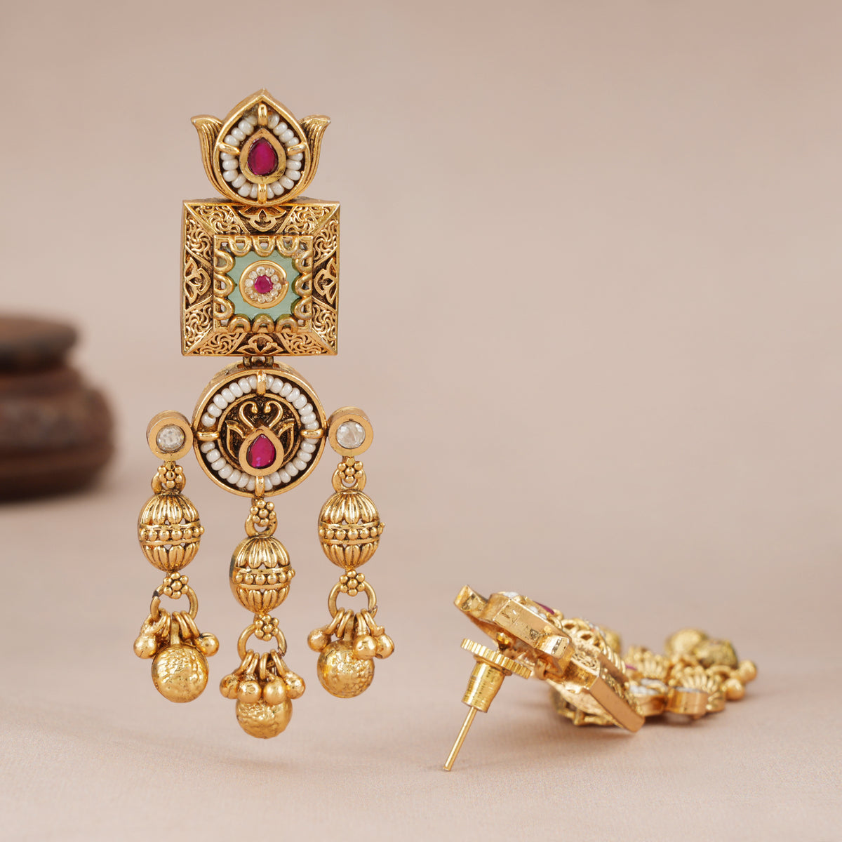 Beautiful gold Mint Green Lotus Gold Drop Earrings