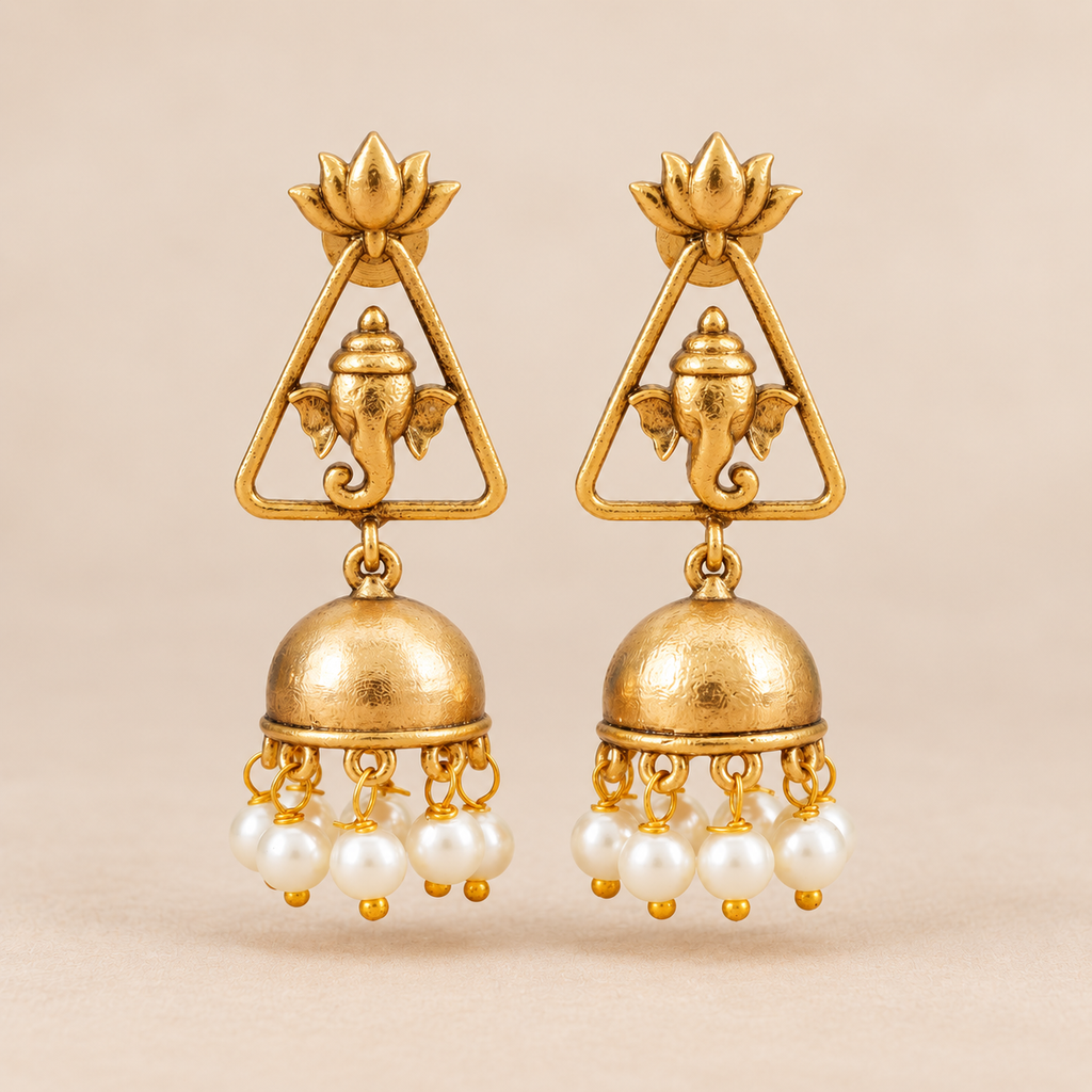 Stunning antique gold Ganesha Lotus Pearl Jhumka Earrings