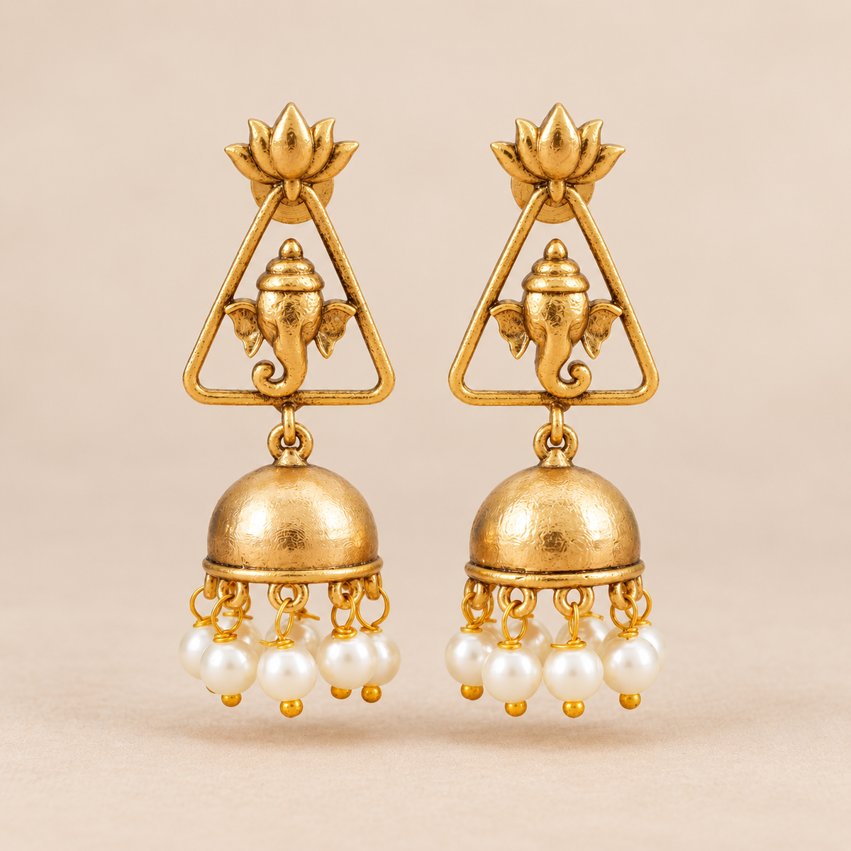 Stunning antique gold Ganesha Lotus Pearl Jhumka Earrings