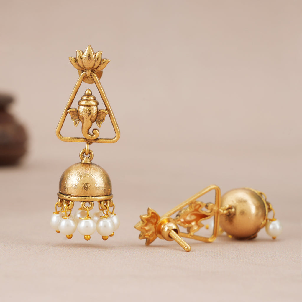 Stunning antique gold Ganesha Lotus Pearl Jhumka Earrings