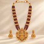 Stunning long antique gold maa Lakshmi ruby necklace set