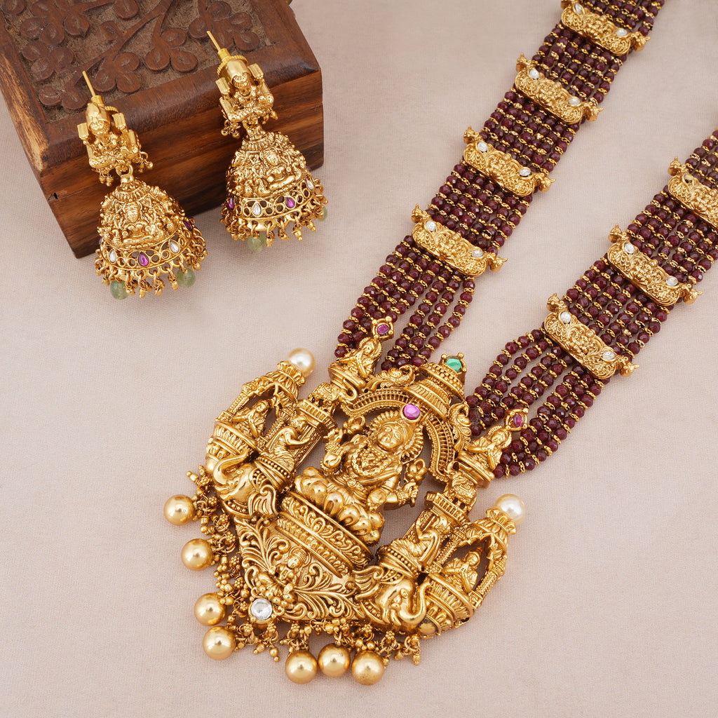 Stunning long antique gold maa Lakshmi ruby necklace set