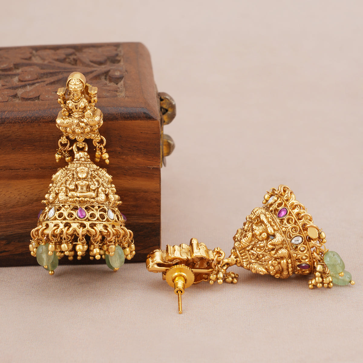 Stunning long antique gold maa Lakshmi ruby necklace set