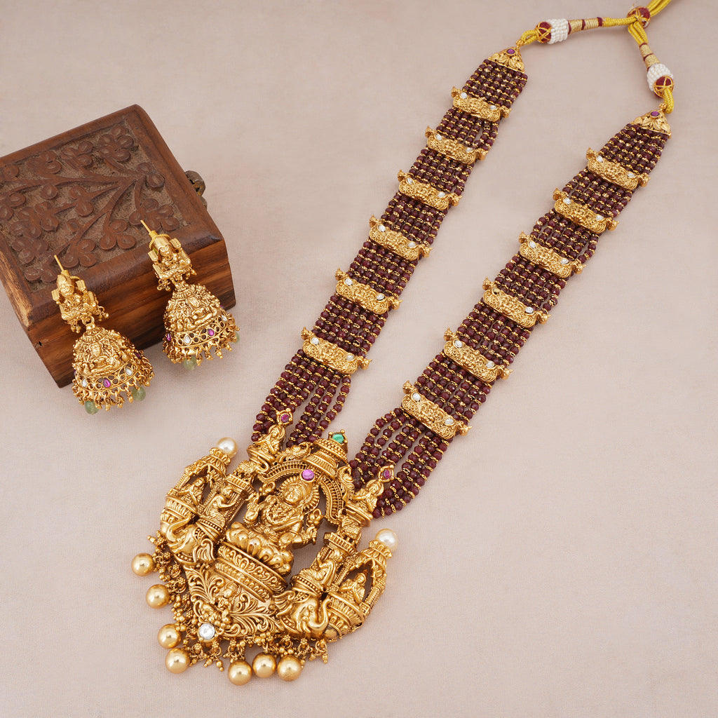 Stunning long antique gold maa Lakshmi ruby necklace set