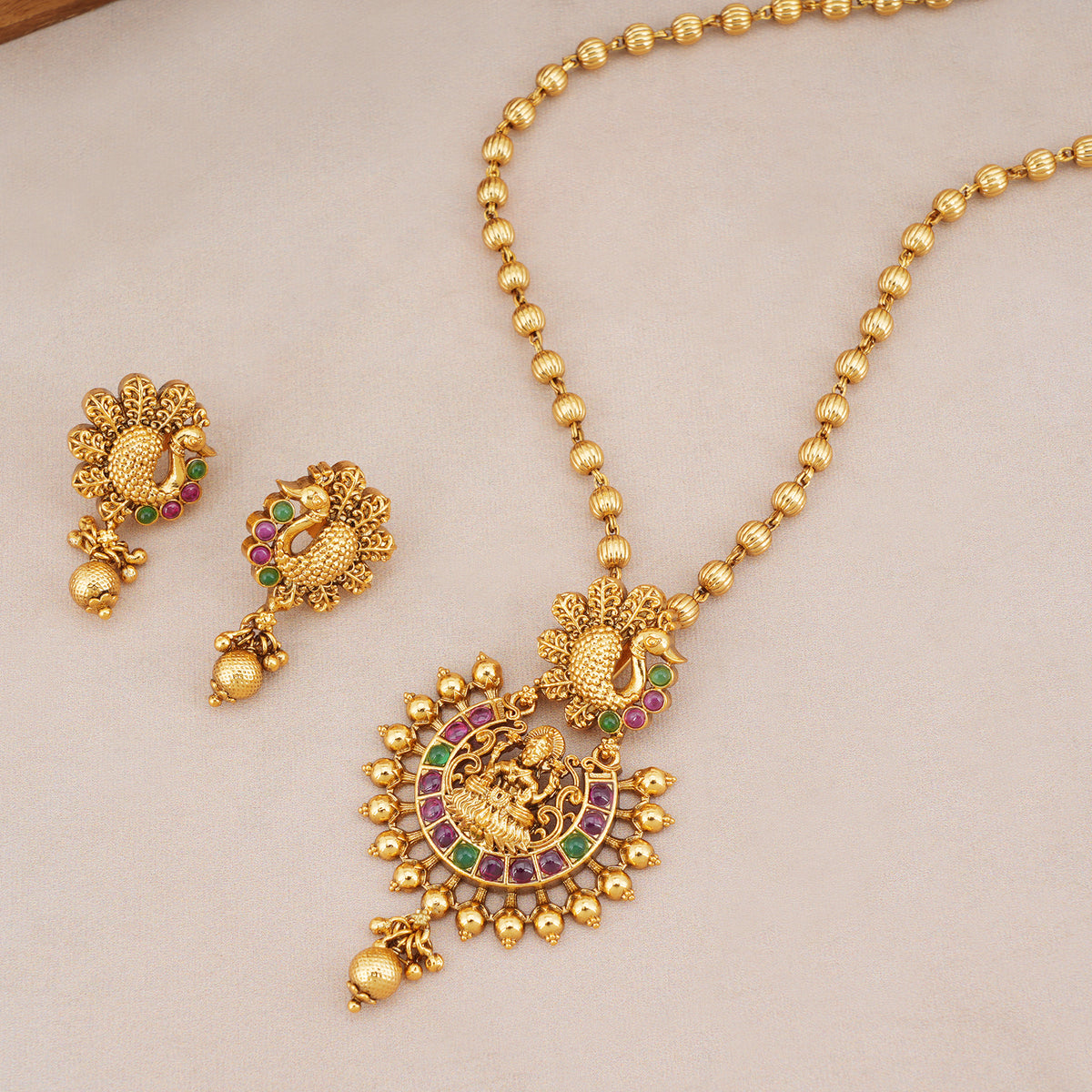Stunning long antique gold stone maa lakshmi pendant set