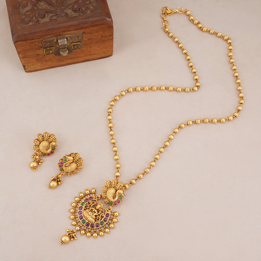 Stunning long antique gold stone maa lakshmi pendant set