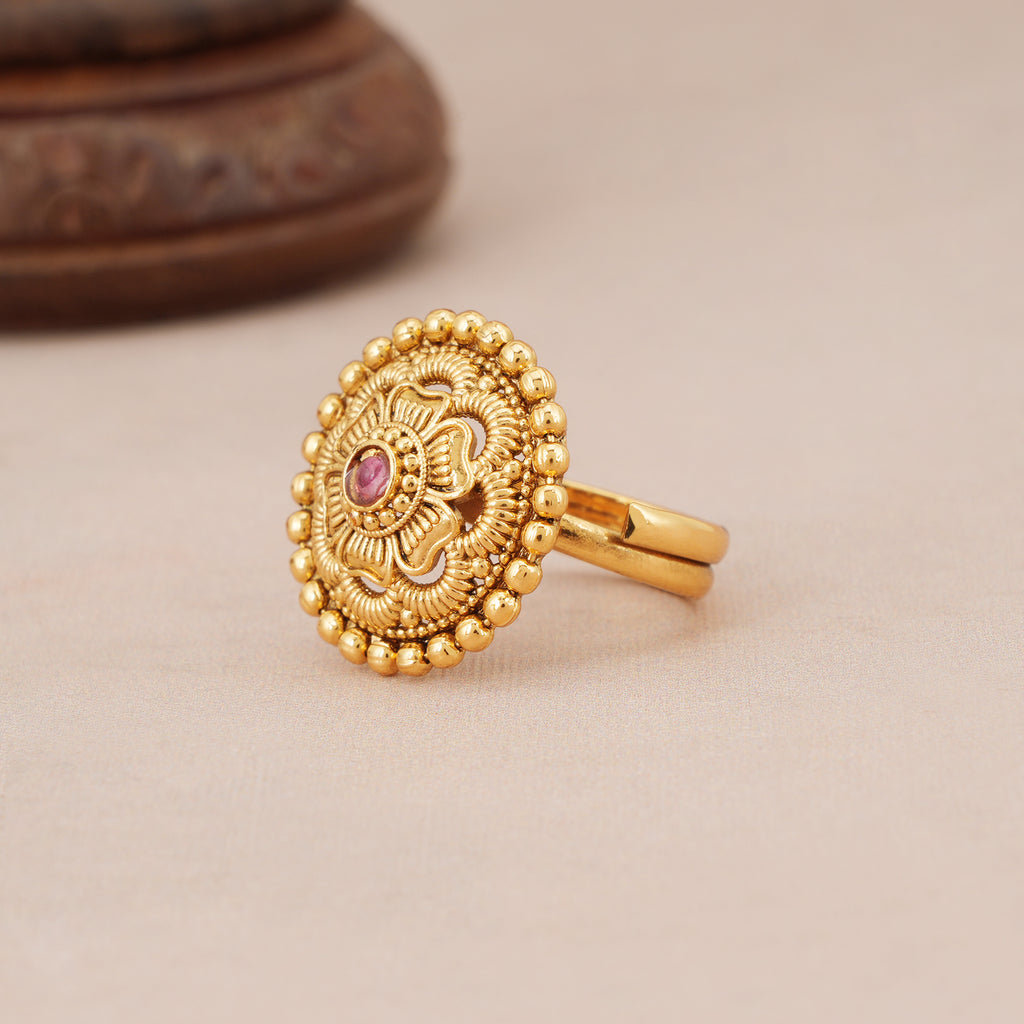 Stunning floral stone antique gold adjustable finger ring