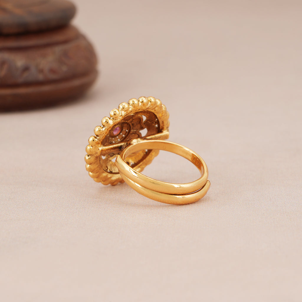 Stunning floral stone antique gold adjustable finger ring