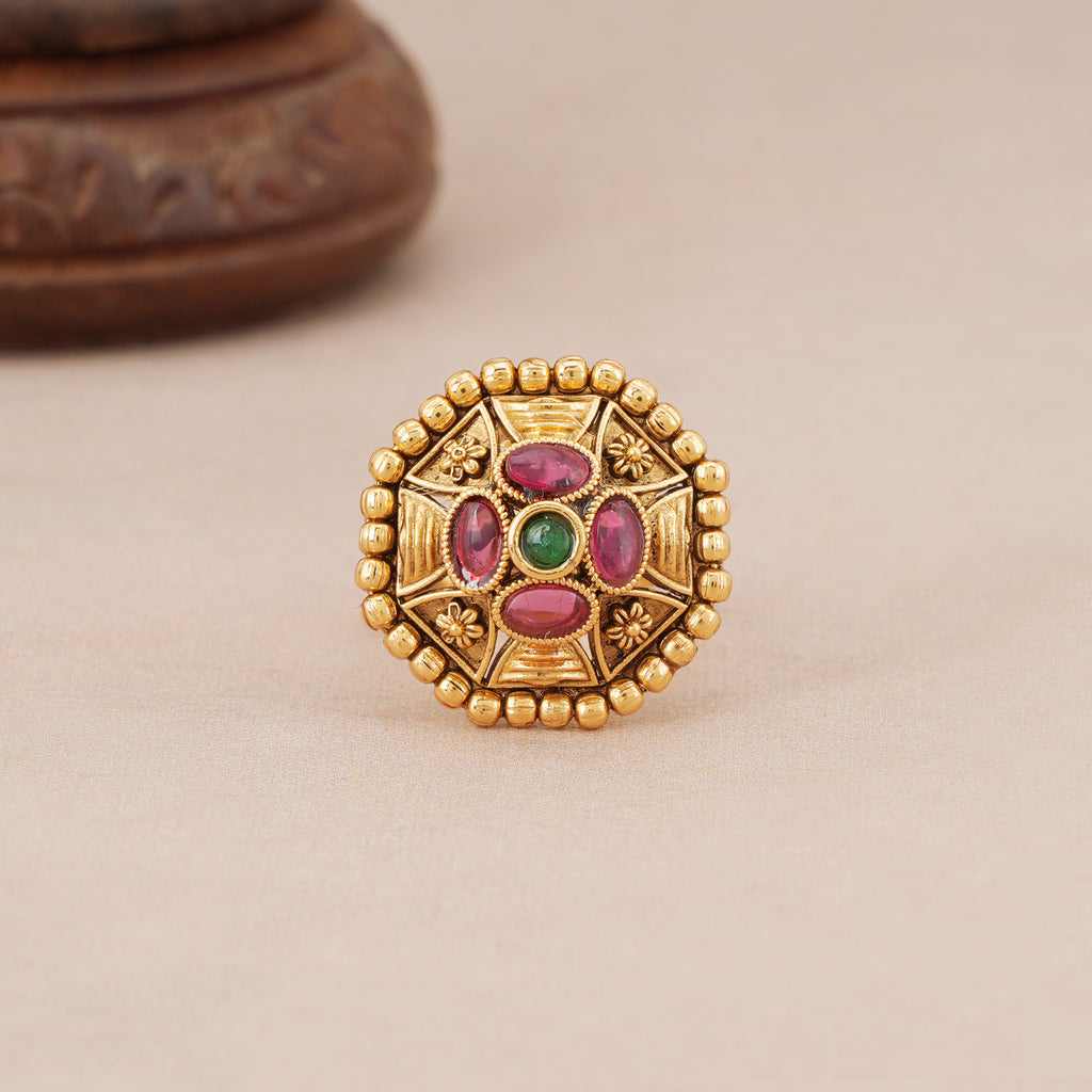 Antique gold hexagon stone adjustable finger ring