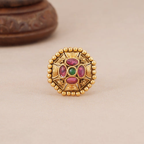 Antique gold hexagon stone adjustable finger ring