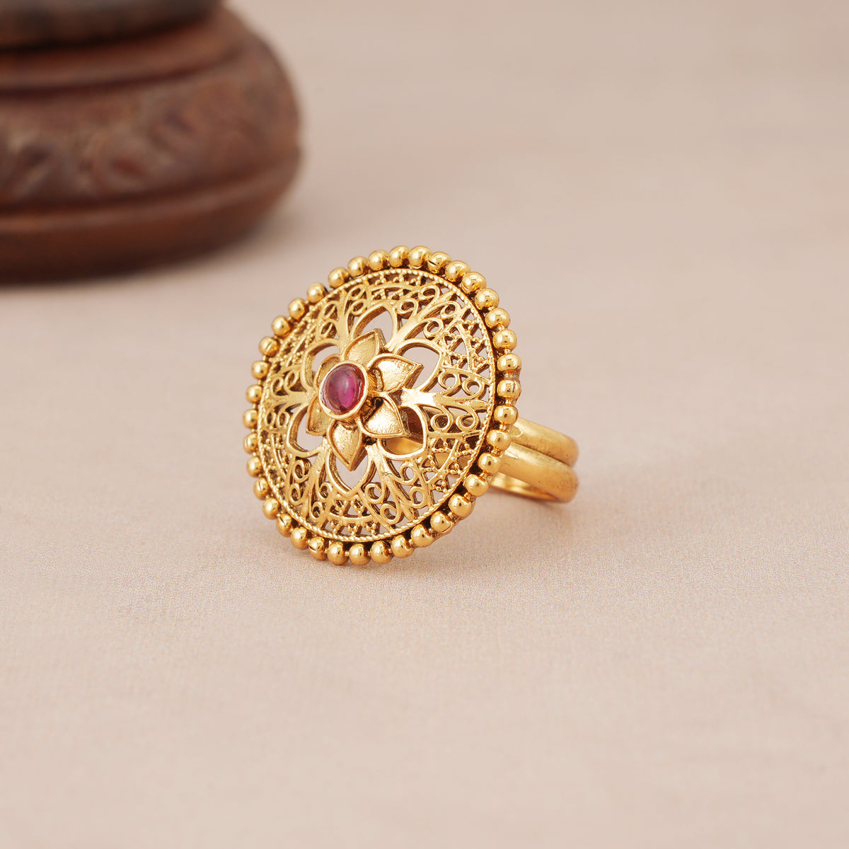 Stunning lotus antique gold adjustable finger ring