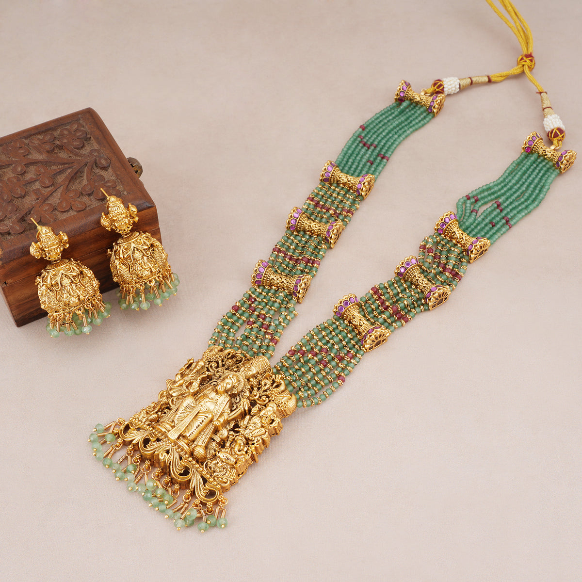 Stunning long antique gold ganesh maharaaj necklace set