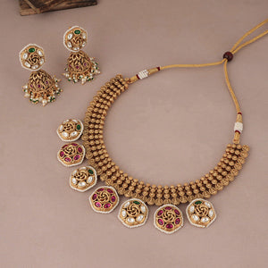 Antique Matt Finish Floral Stone Necklace Set With Pearl Jhumka Earring