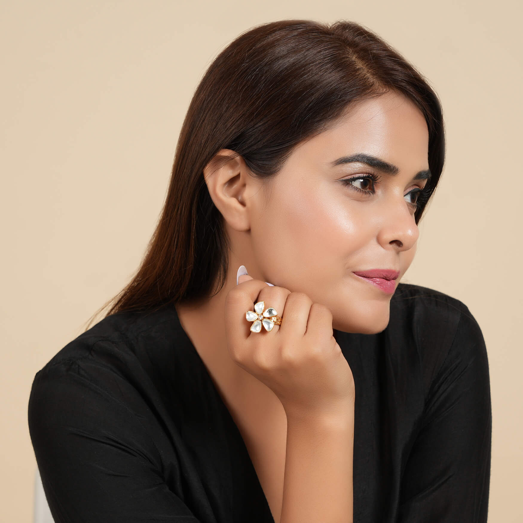Beautiful kundan floral adjustable finger ring