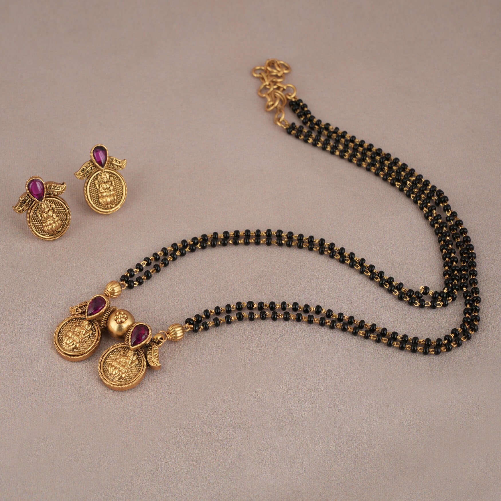 Gold plated Ruby gold mala string with earring I Buy online