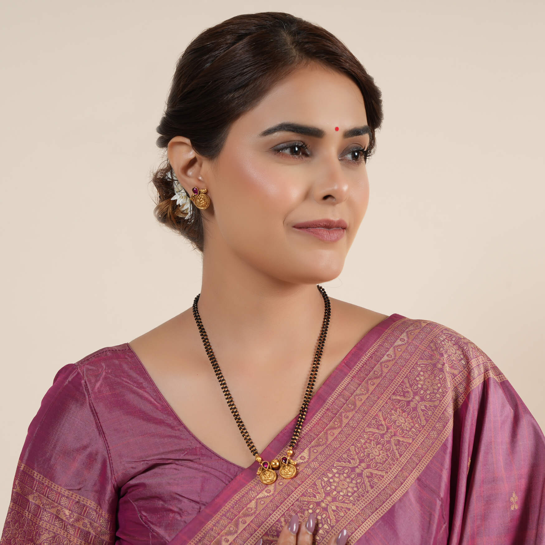 Gold plated Ruby gold mala string with earring I Buy online