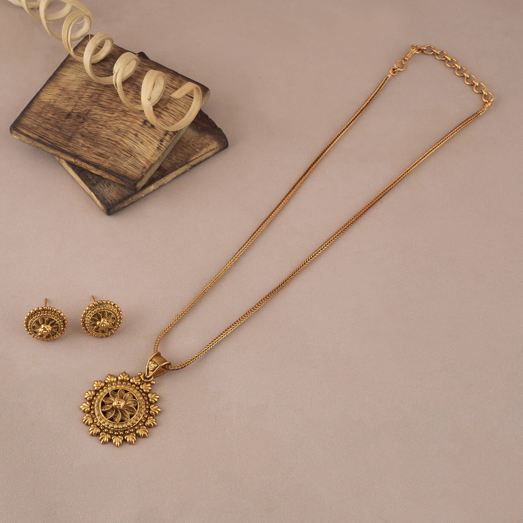 Antique gold plated floral necklace set with jhumka earring