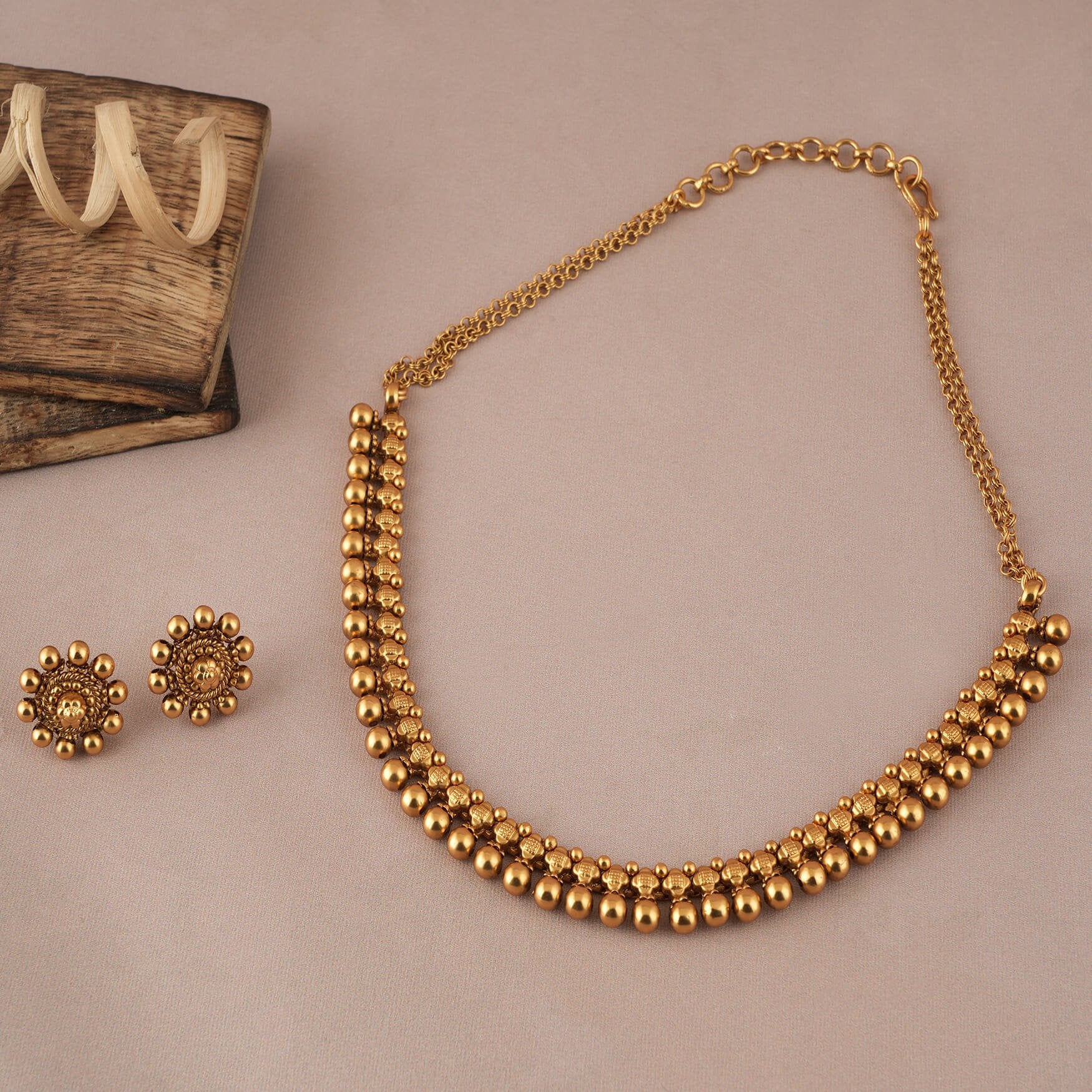 Antique gold plated floral necklace set with jhumka earring