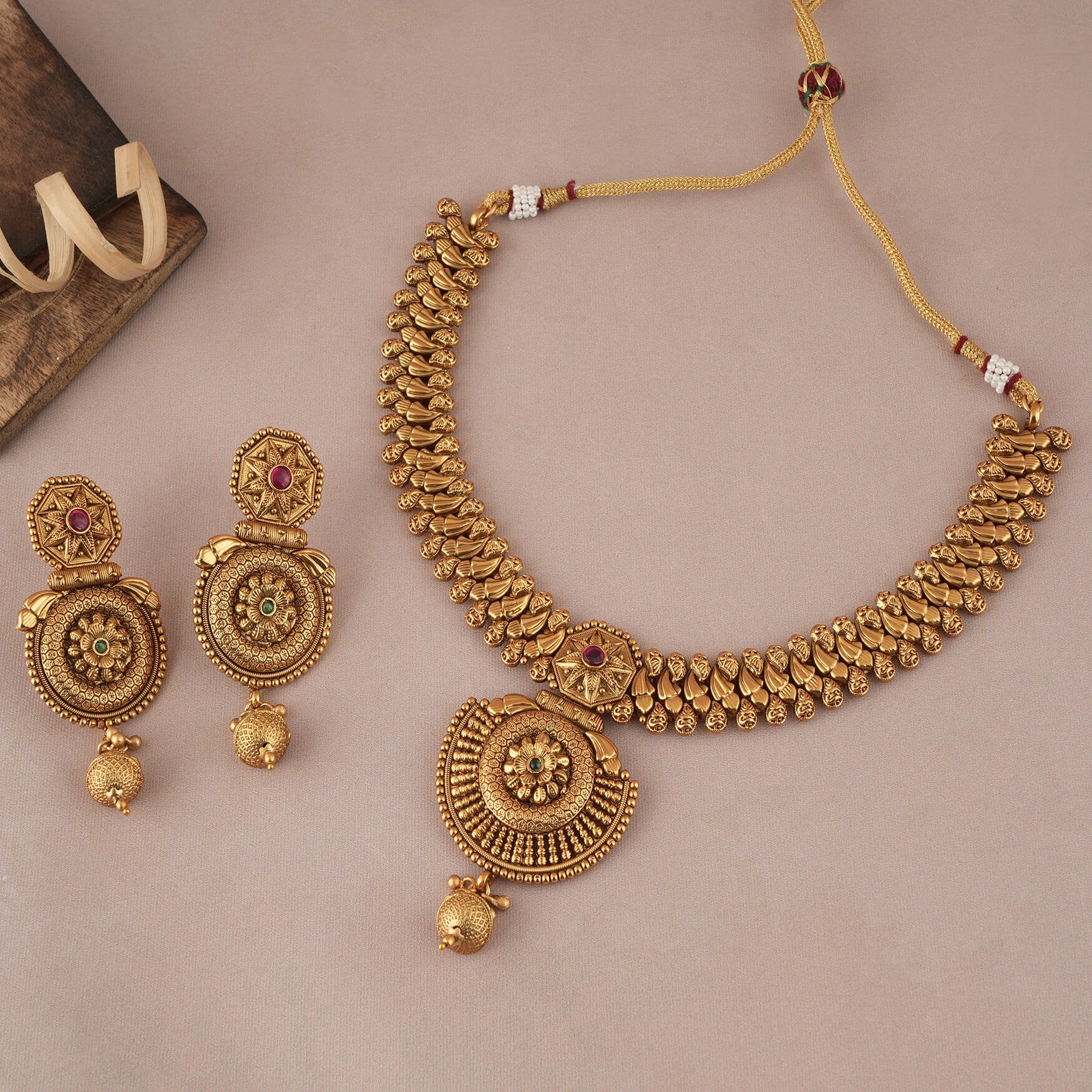 Antique gold plated floral necklace set with jhumka earring