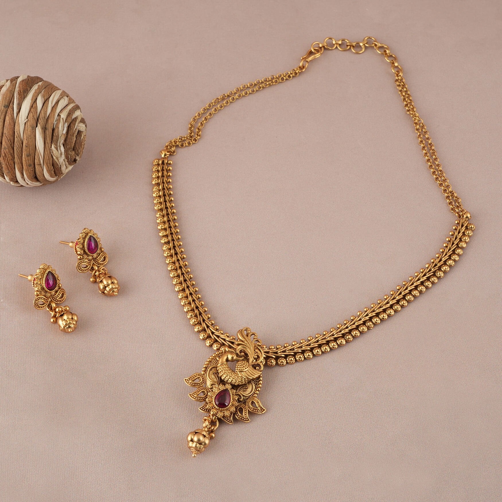 Antique gold plated floral necklace set with jhumka earring
