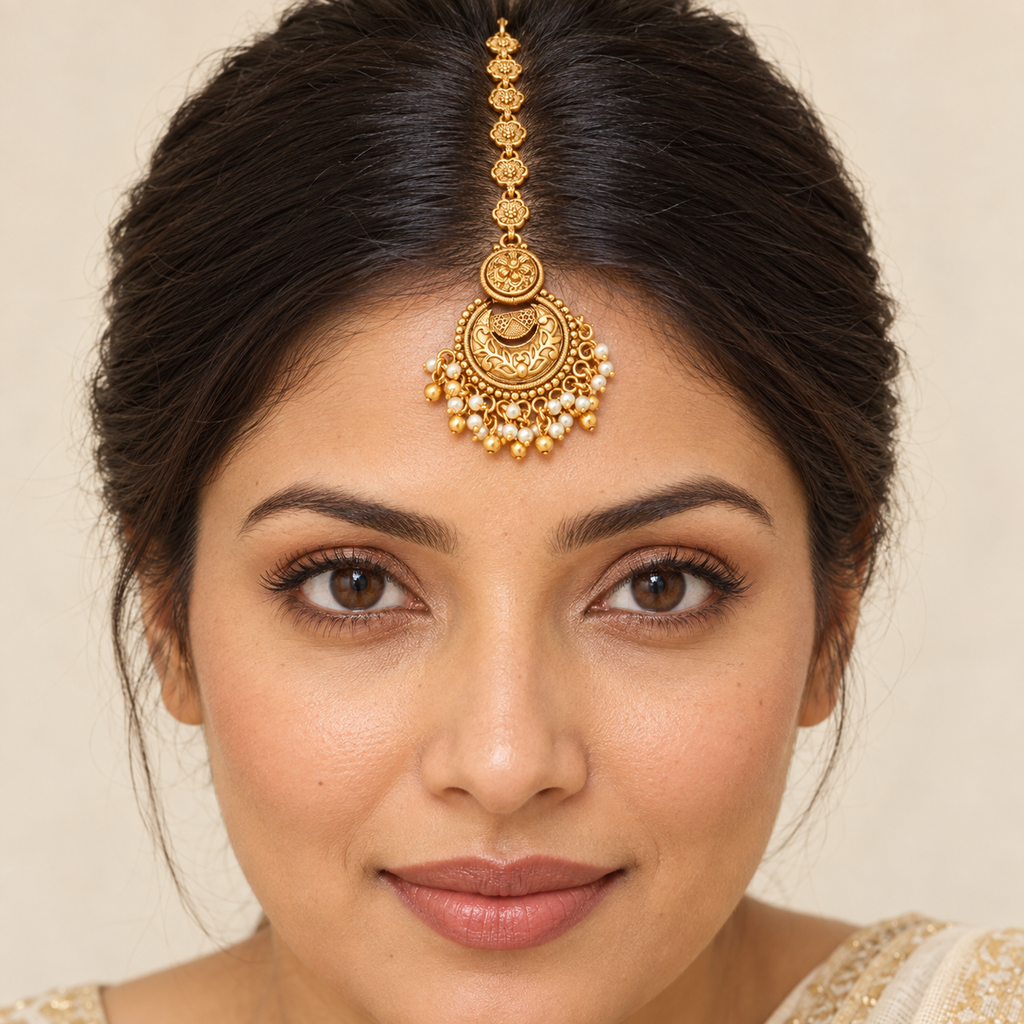 Beautiful antique gold pearl drop maangtika