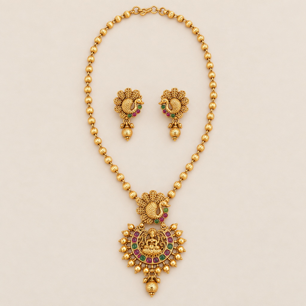 Stunning long antique gold stone maa lakshmi pendant set