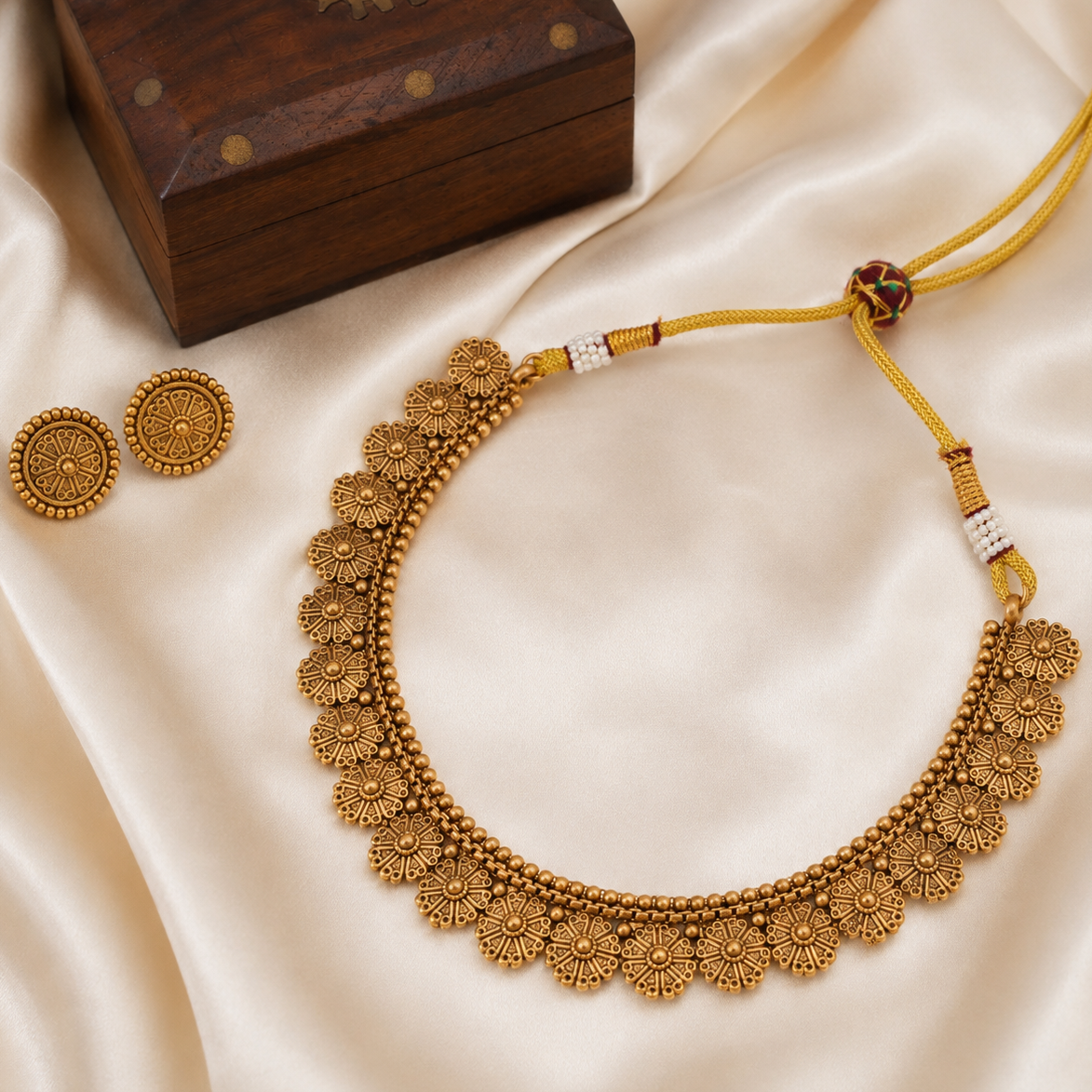 Antique Gold Floral Plain Necklace Set