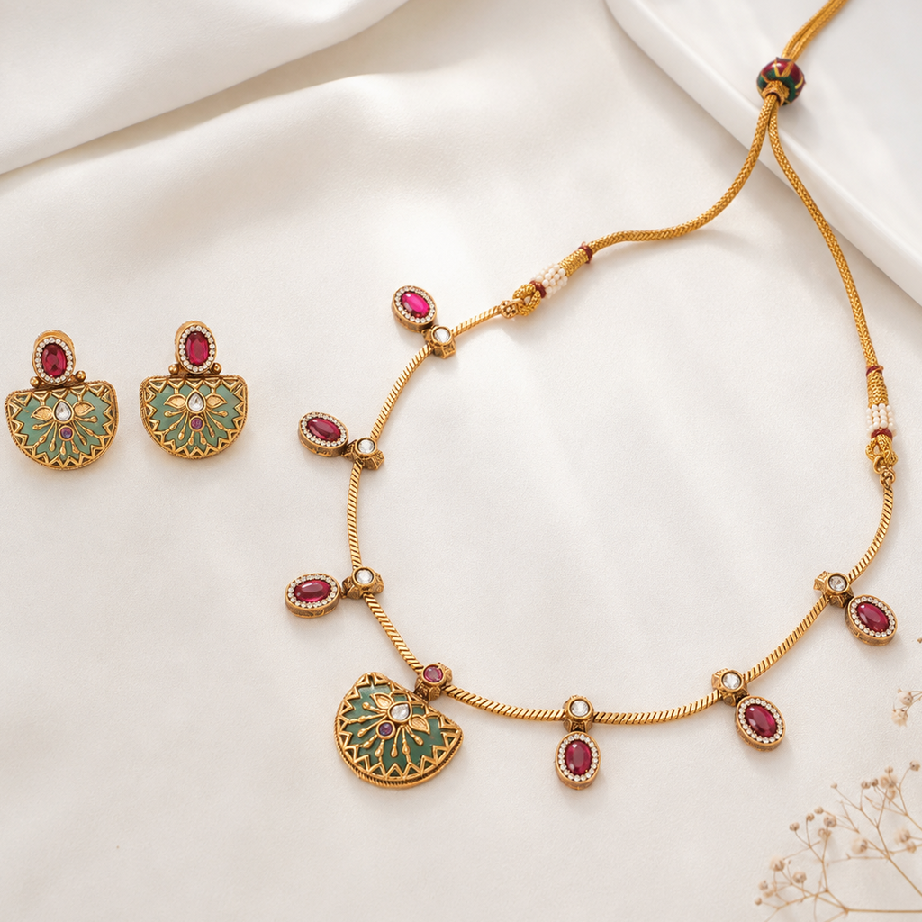 Stunning stone multicolor gold necklace set